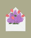 Bouquet of lilacs and tulips in a envelope Royalty Free Stock Photo