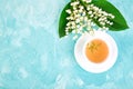 Bouquet of lily of the valley and cup of chamomile tea Royalty Free Stock Photo