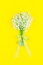 Bouquet of lily of the valley flowers with a bow and ribbon on a yellow background Royalty Free Stock Photo