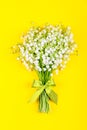 Bouquet of lily of the valley flowers with a green bow on a yellow background top view close up. Royalty Free Stock Photo