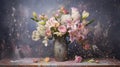 Bouquet with lilys and roses flowers in vase. Blooming plants. Generative AI. Illustration for banner, poster, cover, brochure or Royalty Free Stock Photo