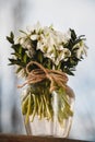 A bouquet of little fresh snowdrops in a glass vase outdoors. Bunch of flowers. Galanthus nivalis Royalty Free Stock Photo