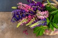 A bouquet of lupines in a basket. Multicolored summer flowers pink and purple on grey background. Lupine flower buds Royalty Free Stock Photo