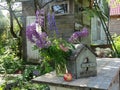 Bouquet of lupins, birdhouse, apple and summer house