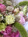 Bouquet of mixed colorful flowers. Flowers bouquet including pink roses, astrantia, white and green flowers. Beautiful bright Royalty Free Stock Photo