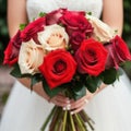 A bouquet of multi-colored roses in the hands of the bride