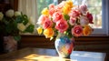 bouquet of multicolor roses with pink, orange, and white hues in mosaic vase, set on a wooden table by a window with Royalty Free Stock Photo