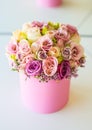 Bouquet of multicolored flowers roses in luxury gift box Royalty Free Stock Photo