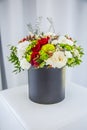 Bouquet of multicolored flowers roses in luxury gift box Royalty Free Stock Photo