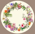 Bouquet of multicolored flowers watercolor painting on Circle. Royalty Free Stock Photo