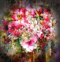 Bouquet multicolored flowers watercolor painting on full color background