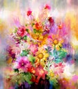 Bouquet of multicolored flowers watercolor painting style