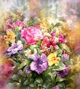 Bouquet of multicolored flowers watercolor painting style Royalty Free Stock Photo