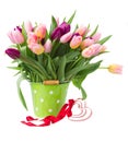 Bouquet of multicolored tulip flowers in white