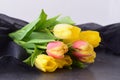 Bouquet of multicolored tulips on a grey cloth. Spring flowers. Romance Royalty Free Stock Photo