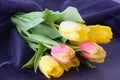 Bouquet of multicolored tulips on a grey cloth. Spring flowers. Romance Royalty Free Stock Photo