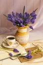 Bouquet of muscari flowers in a vintage vase. Cup of coffee, book and romantic flowersÃÅ½. Royalty Free Stock Photo