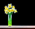 A bouquet of Narcissus flowers in a glass vase on a wooden table on a black background with a copy space. Royalty Free Stock Photo