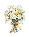 Bouquet of narcissus flowers tied with orange ribbon.