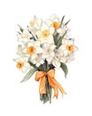 Bouquet of narcissus flowers tied with orange ribbon.