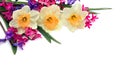 Bouquet of narcissus and pink and violet hyacinths on a white background with space for text Royalty Free Stock Photo