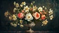 Bouquet with narcissuses and roses flowers in vintage metal vase.