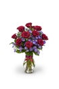 Bouquet of One Dozen Red Roses in a Vase with Purple Aster Accents Designed by a Florist