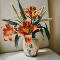 A bouquet of orange lilies in a white vase on a table