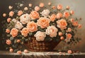 Bouquet of orange roses in basket, beautiful watercolor art Royalty Free Stock Photo