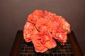 A Bouquet of Orange Roses in a Vase on a Brown Table with a Brown Background Royalty Free Stock Photo