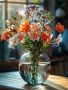 A bouquet of orange, white and blue flowers in a vase on a wooden tabletop smudged background. Flowering flowers, a symbol of Royalty Free Stock Photo