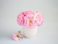 Bouquet of pale pink Roses in white ceramic vase against of light grey background. Tea Roses. Shallow depth of field. Selectiv Royalty Free Stock Photo