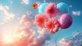 Bouquet of party flowers and balloons going up in the sky flying with clouds on a sunny day