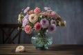 bouquet of pastel flowers in crystal vase on wooden table Royalty Free Stock Photo