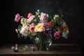 bouquet of pastel flowers in crystal vase on wooden table Royalty Free Stock Photo
