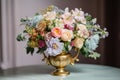 bouquet of pastel flowers in fanciful vase with gold accents