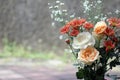 Bouquet of peach and white flowers background with copy space for your text message and any design idea. Floral background. Royalty Free Stock Photo