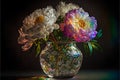 Bouquet of peonies in a glass vase on a dark background