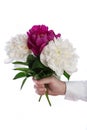 Bouquet of peonies in man's hand