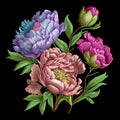 Bouquet of peony flowers. Embroidered peonies flowers, leaves. Embroidery floral colorful vector background illustration. Tapestry