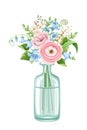 Bouquet of pink and blue flowers in a bottle. Vector illustration. Royalty Free Stock Photo