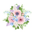 Bouquet of pink, blue and purple flowers. Vector illustration. Royalty Free Stock Photo