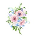 Bouquet of pink, blue and purple flowers. Vector illustration. Royalty Free Stock Photo