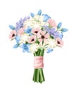 Bouquet of pink, blue, white and purple flowers. Vector illustration.