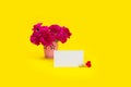 Bouquet Pink carnation flowers with card on yellow backgraund. Royalty Free Stock Photo