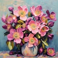 Bouquet of pink christmas rose flowers in a vase on a dark background. Printable painting. Generative AI Royalty Free Stock Photo