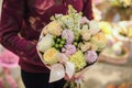 Bouquet of pink flowers decorated with leaves