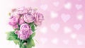 bouquet of pink flowers on a lilac background with hearts. A greeting card for congratulations on Mother's Day