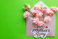 A bouquet of pink flowers, lisianthus, chrysanthemum on a green background. Happy Mother`s day card. Greeting Card with Royalty Free Stock Photo