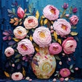 A bouquet of pink flowers in a vase on a blue background. Printable digital oil painting, impasto. Generative AI Royalty Free Stock Photo